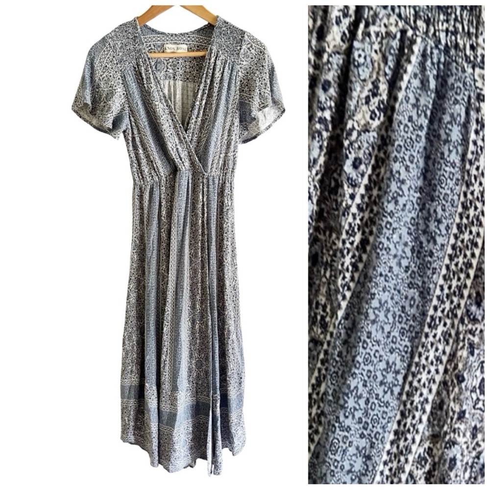 Knox Rose Blue Boho Open Front Slit Maxi Rayon Faux Wrap Dress Sz XS - Picture 3 of 11